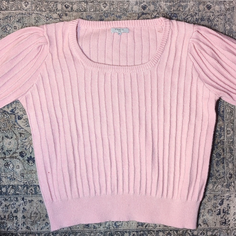 FRNCH Pink Puff Sleeve Ribbed Short Sleeve Sweater
